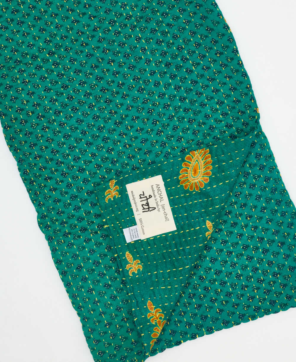  teal and yellow stamp paisley  Kantha quilt throw made of recycled vintage saris