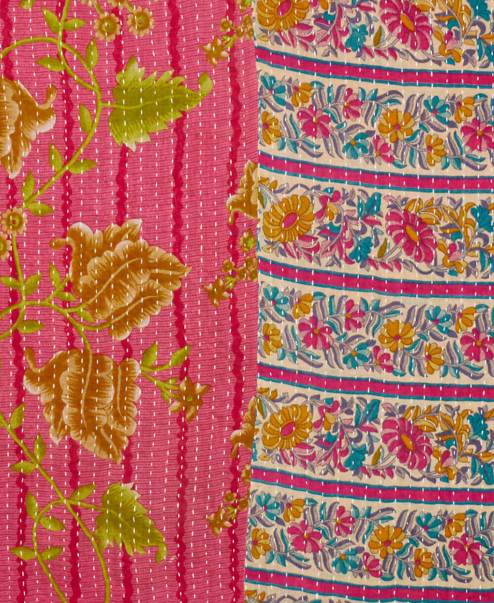 eco-friendly bubblegum pink floral kantha quilt throw featuring kantha hand stitching 