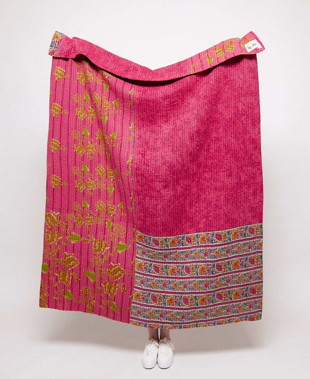  Artisan made bubblegum pink floral kantha quilt throw  