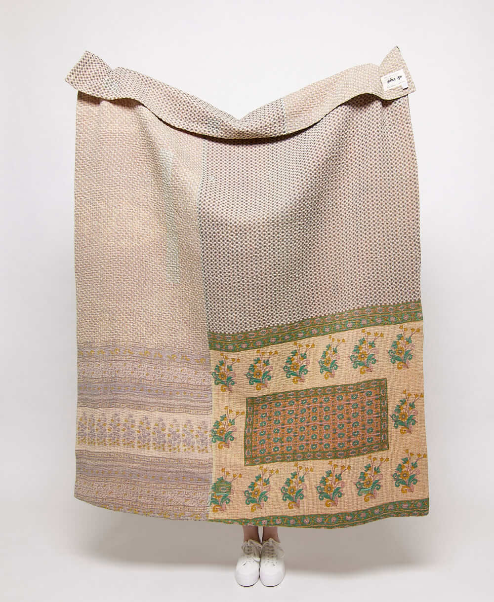  Artisan made  khaki floral kantha quilt throw  