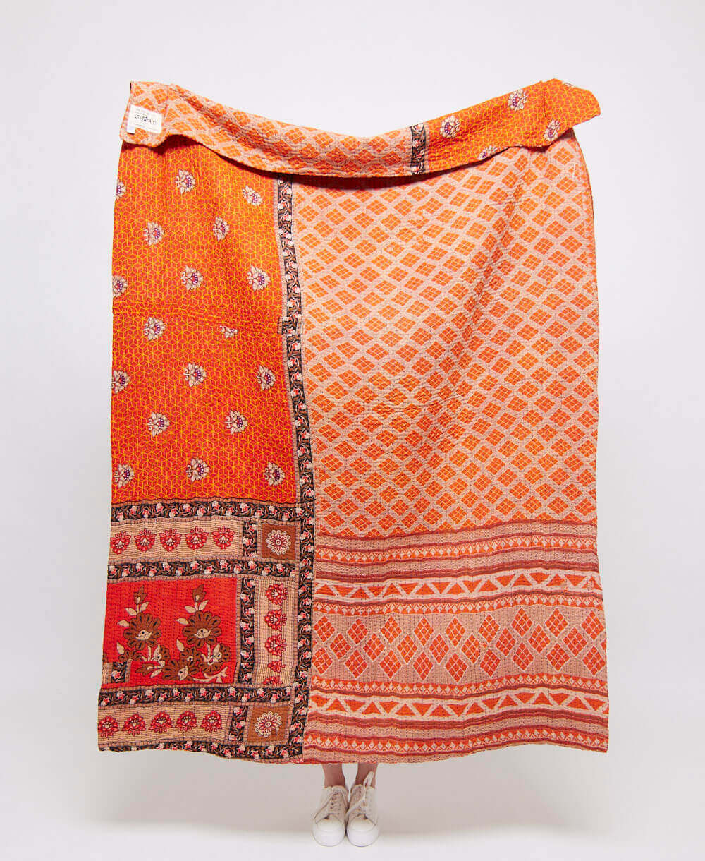 Artisan made diamond print bright orange kantha quilt throw  