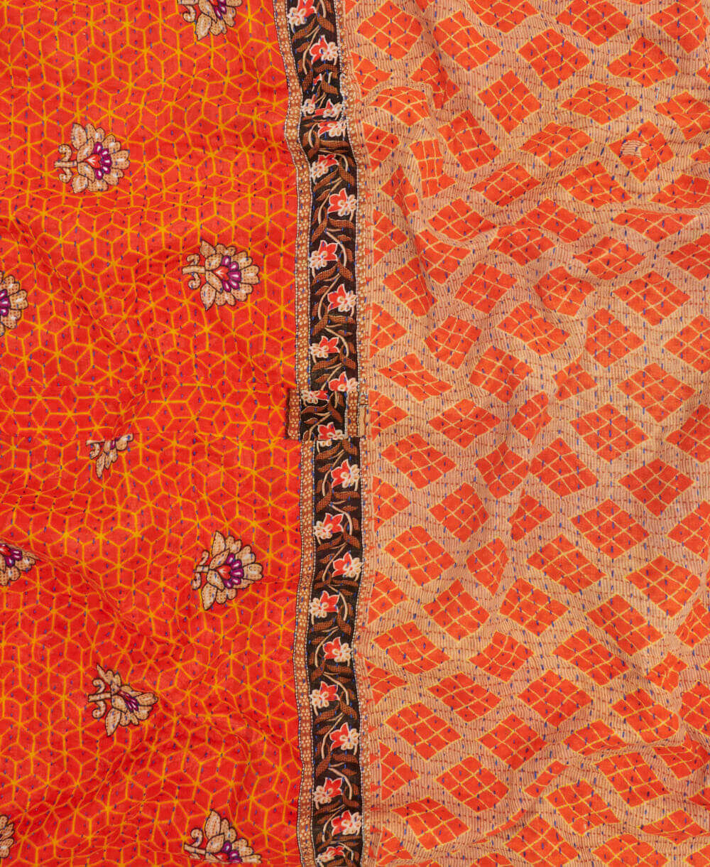 orange diamond Kantha quilt throw made of recycled vintage saris in India by all women artisans