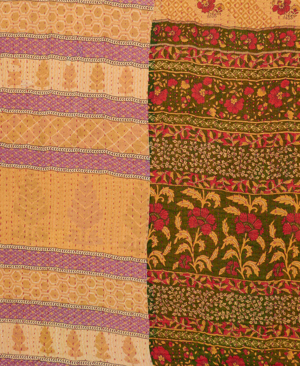 Kantha quilt throw featuring sepia tan & red floral print & red traditional kantha hand stitching