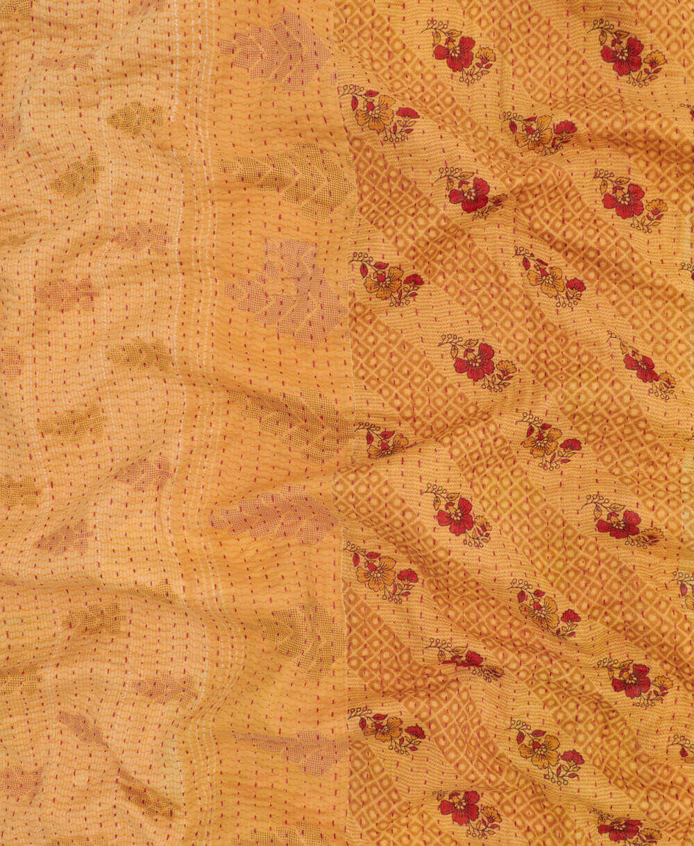 sepia tan & red floral Kantha quilt throw made of recycled vintage saris in India by all women artisans