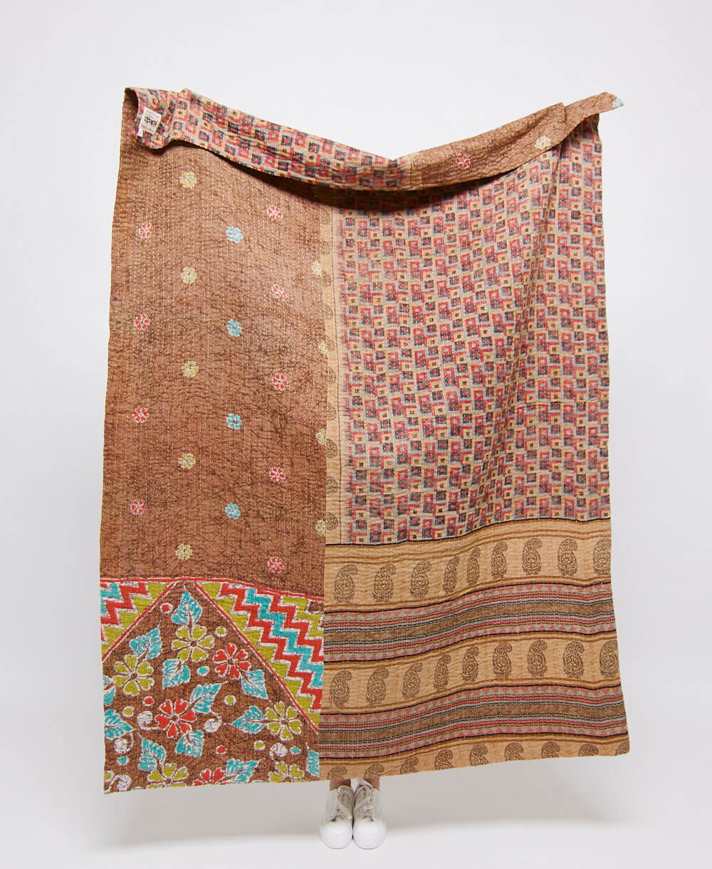 Artisan made sepia brown checkered kantha quilt throw  