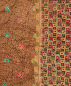 Kantha quilt throw featuring sepia brown checkered print & hot pink traditional kantha hand stitching