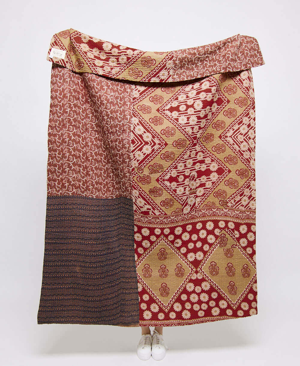 Artisan made brick red daisy kantha quilt throw  