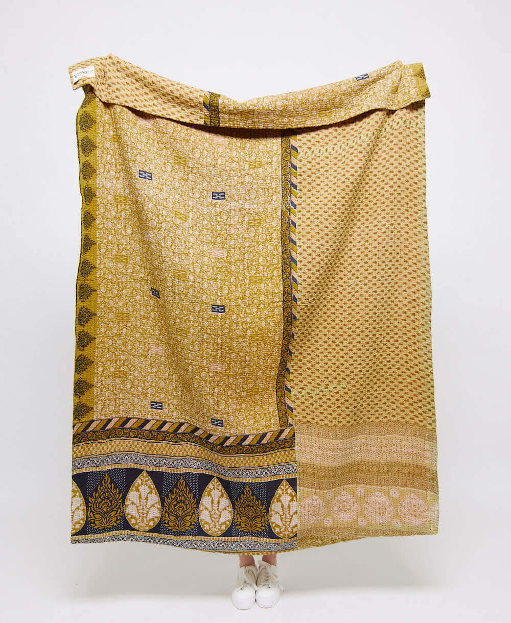 Artisan made yellow-green floral kantha quilt throw  