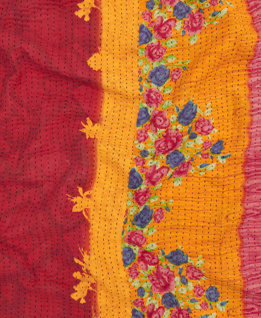 Kantha quilt throw featuring purple, red & orange stripe print & black traditional kantha hand stitching