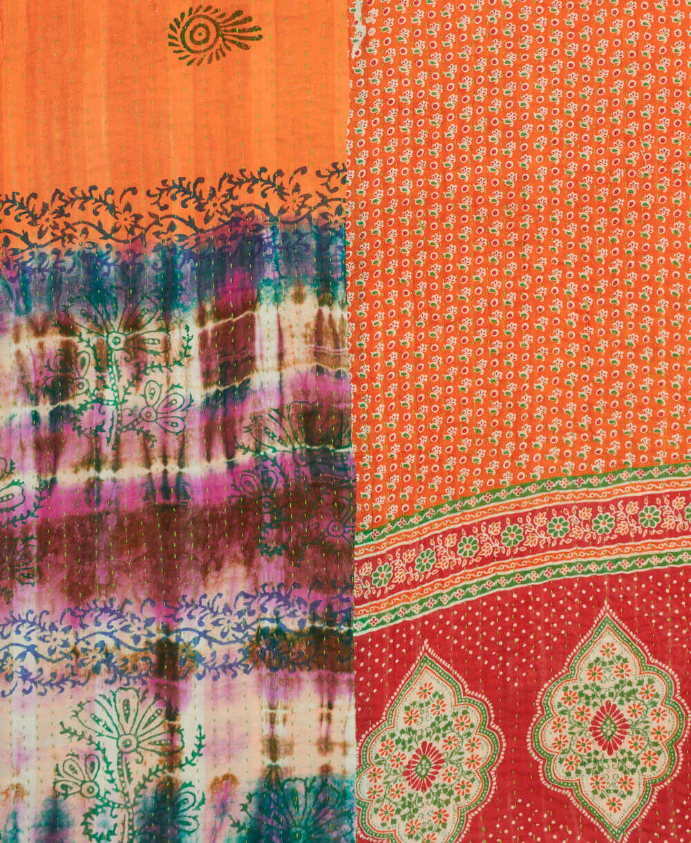 orange & purple tie dye Kantha quilt throw made of recycled vintage saris in India by all women artisans