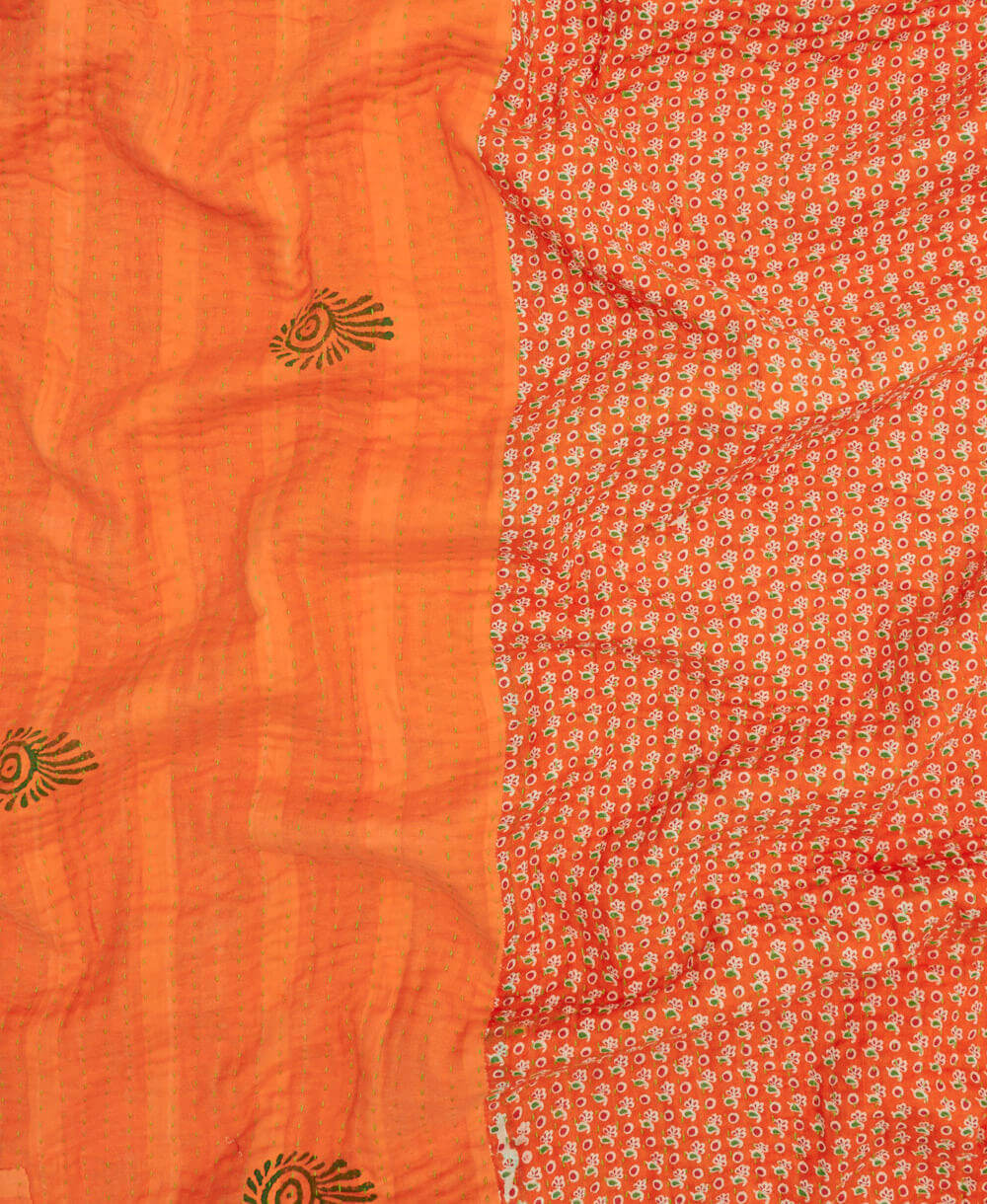 Kantha quilt throw featuring orange & purple tie dye print & neon traditional kantha hand stitching