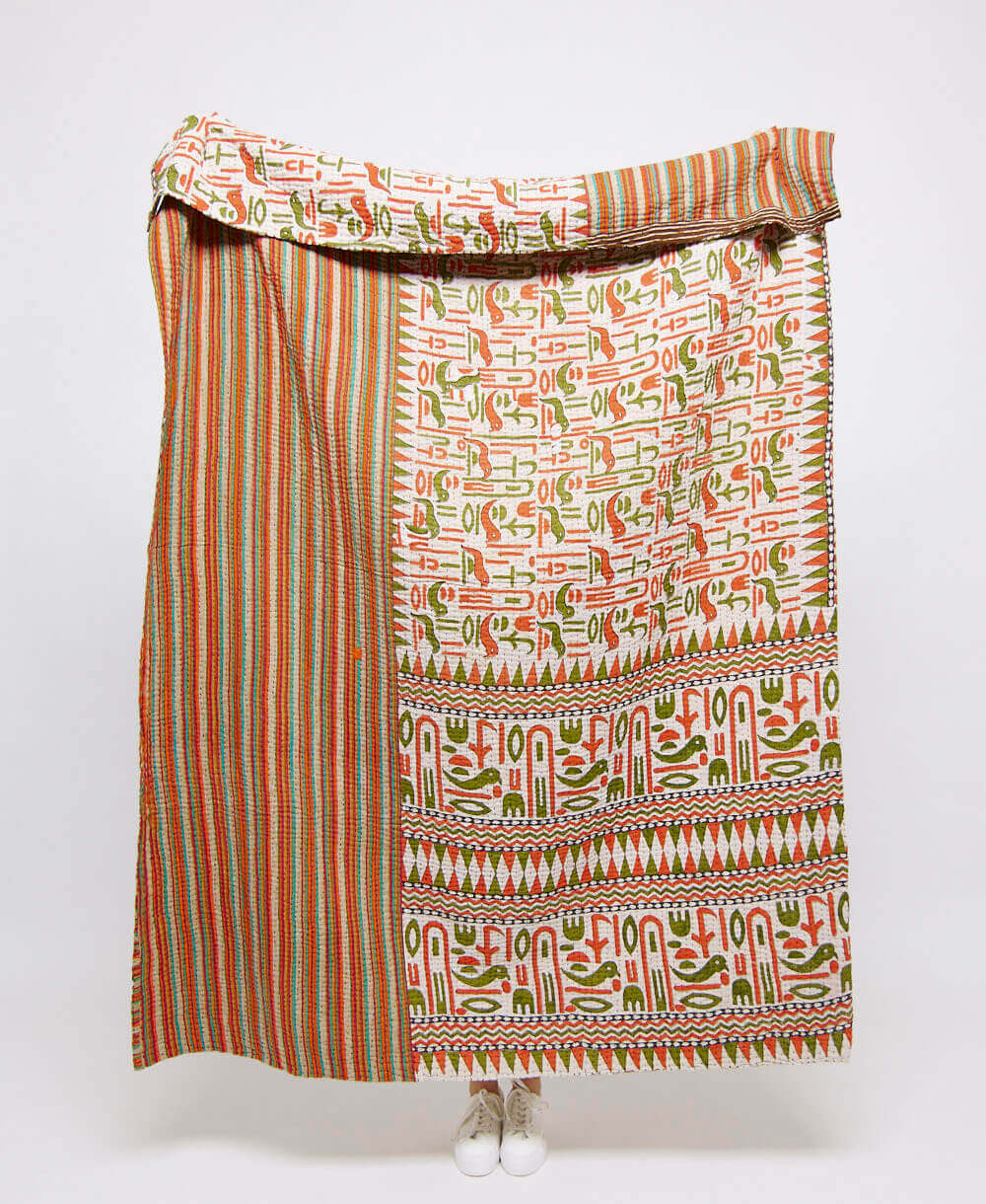 Artisan made orange, green & yellow stripe kantha quilt throw  