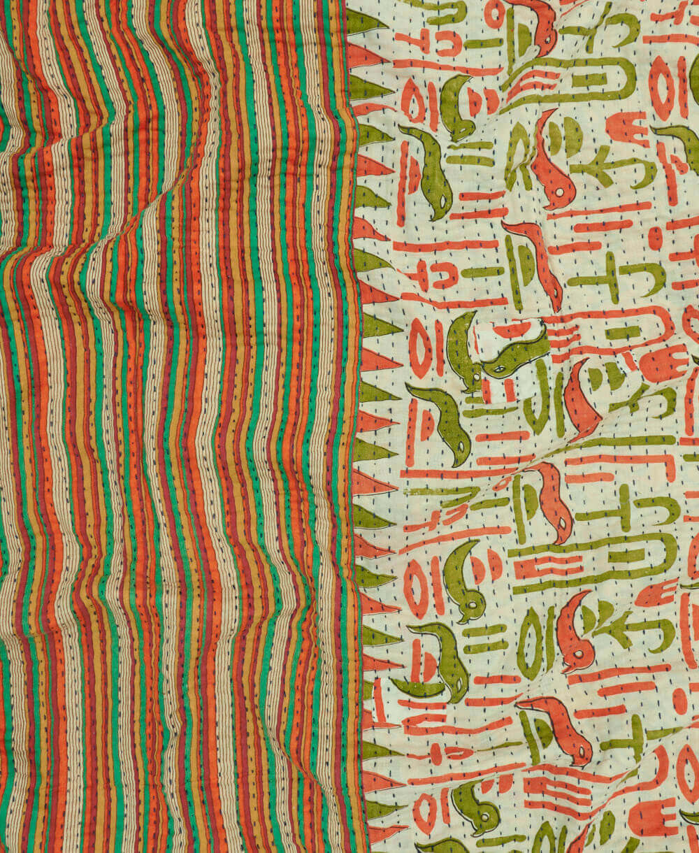 Kantha quilt throw featuring orange, green & yellow stripe print & black traditional kantha hand stitching