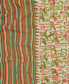 Kantha quilt throw featuring orange, green & yellow stripe print & black traditional kantha hand stitching