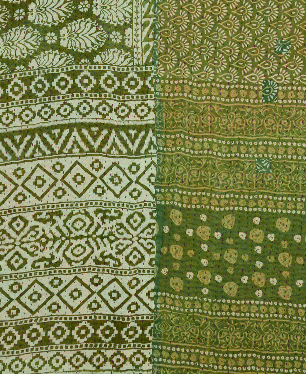 fern green medallion Kantha quilt throw made of recycled vintage saris in India by all women artisans