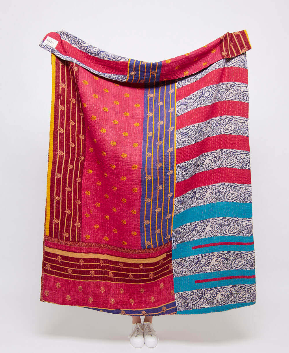 Artisan made hot pink & purple stripe kantha quilt throw  