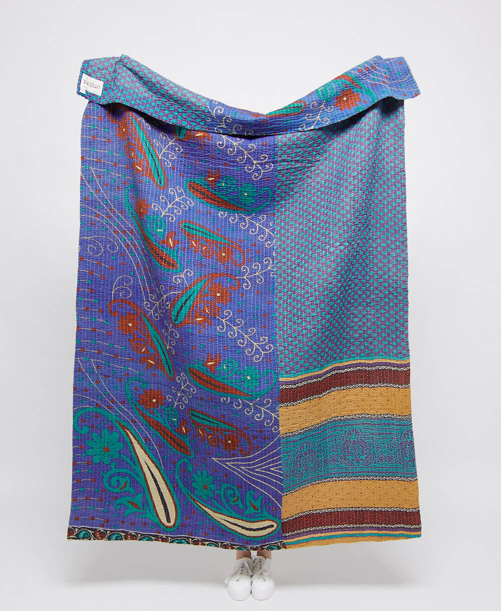 Artisan made violet blue & red paisley kantha quilt throw  