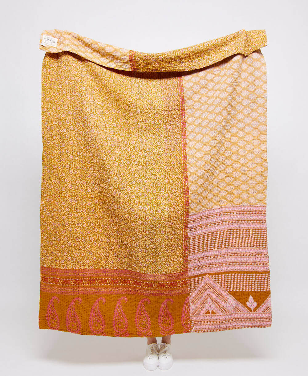 Artisan made sunshine yellow & pastel orange kantha quilt throw  