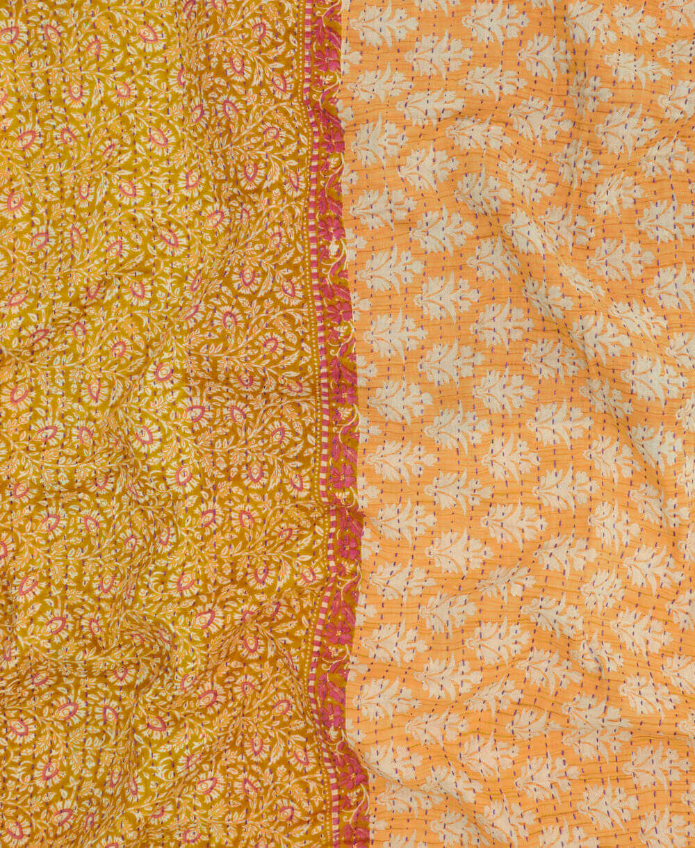 Kantha quilt throw featuring  sunshine yellow & pastel orange print & purple kantha hand stitching