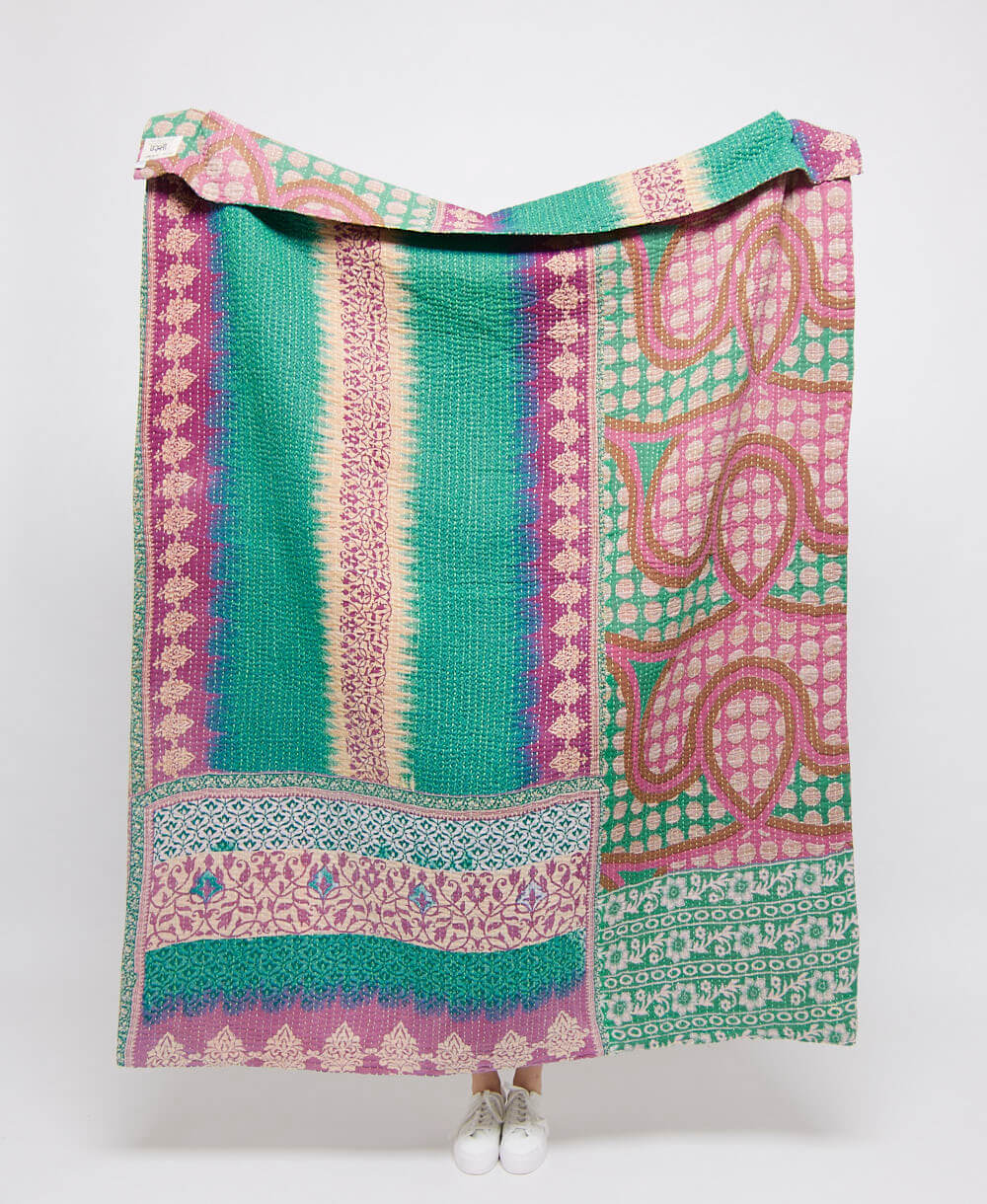 Artisan made teal & lilac abstract kantha quilt throw  