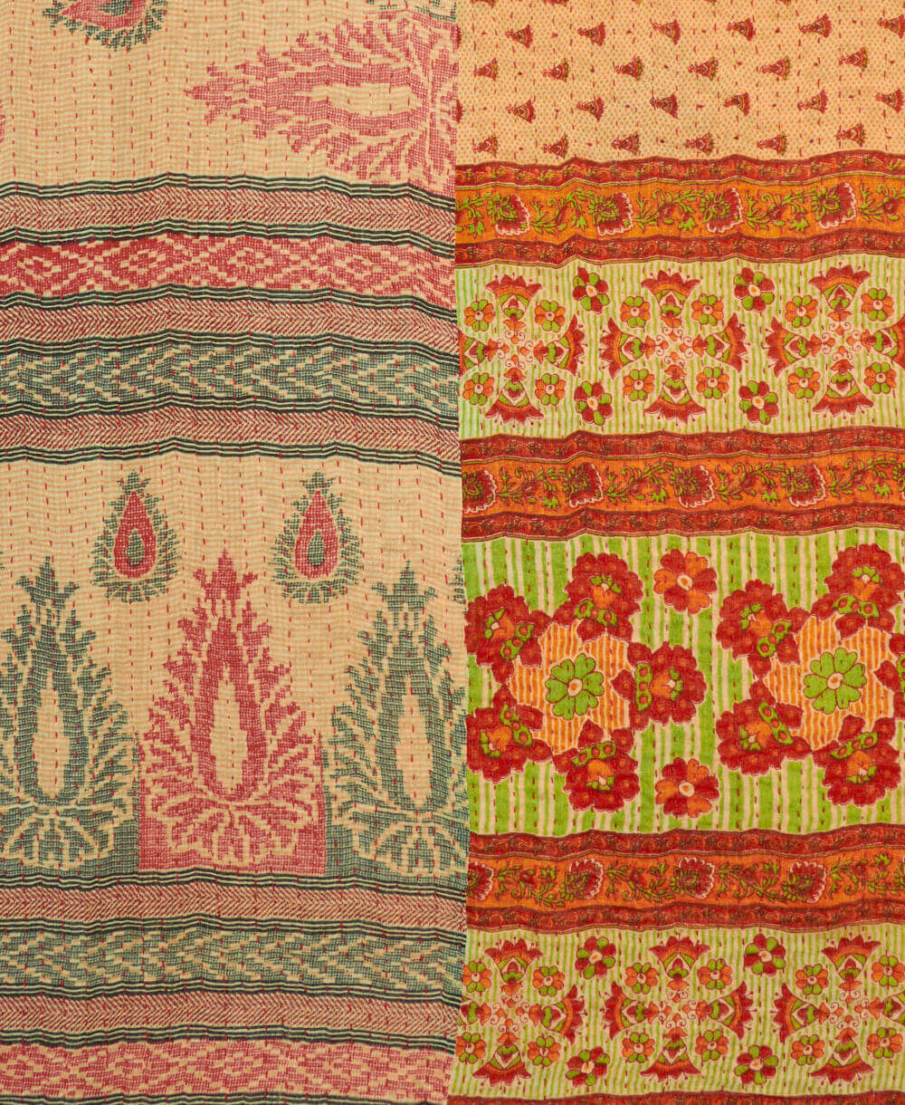 tan paisley Kantha quilt throw made of recycled vintage saris in India by all women artisans