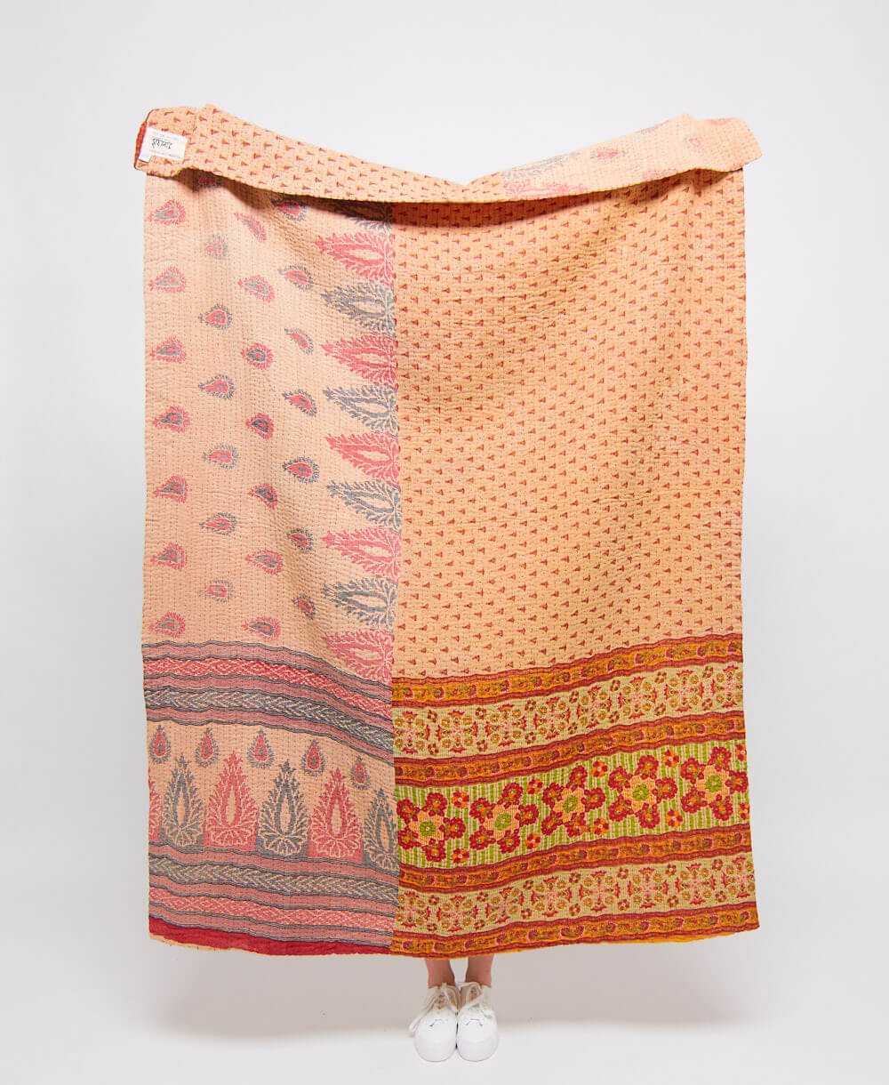 Artisan made tan paisley kantha quilt throw  