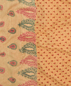 Kantha quilt throw featuring tan paisley print & red kantha hand stitching