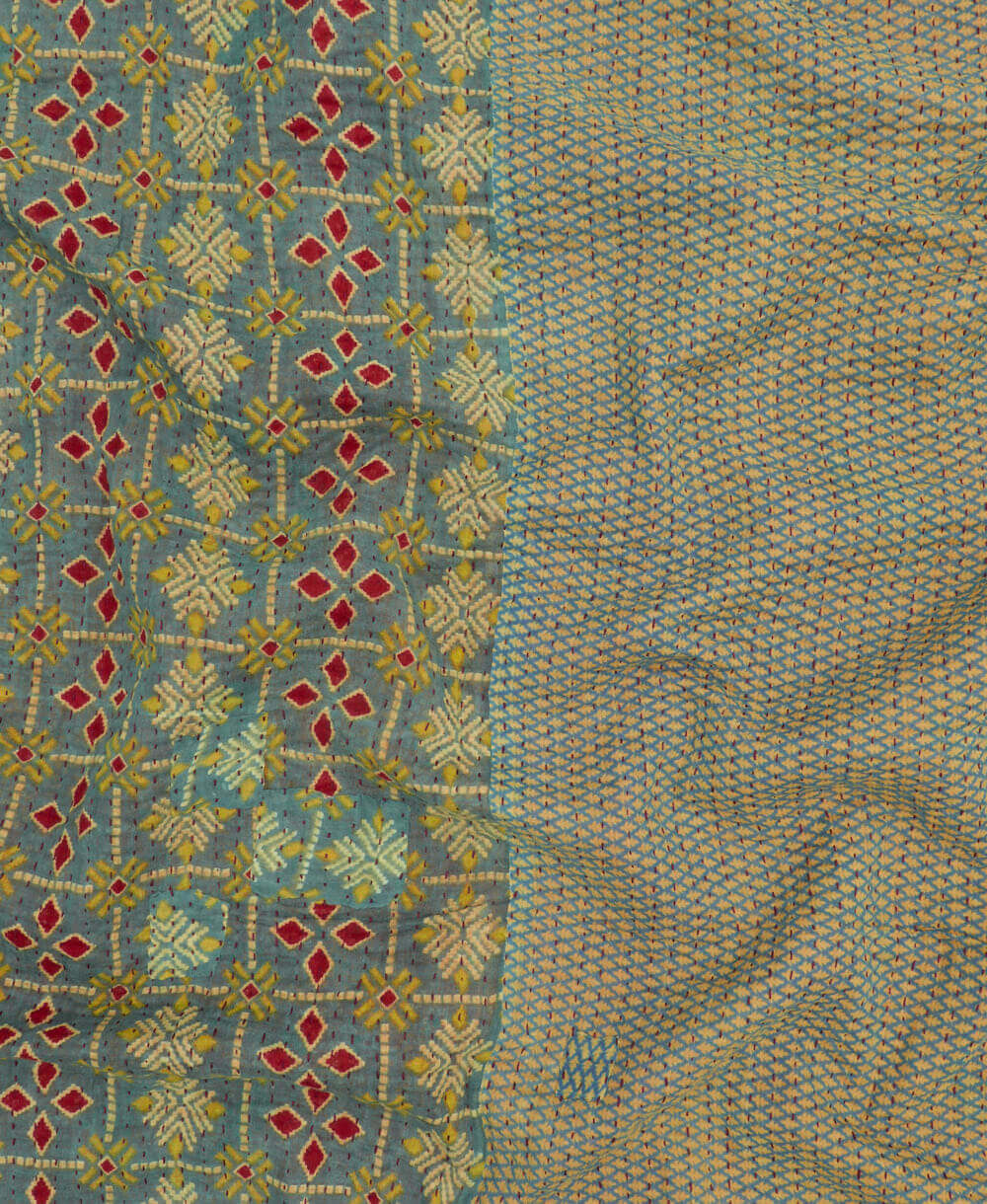 Kantha quilt throw featuring blue-grey diamond print & red kantha hand stitching