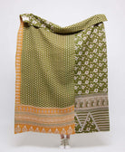 Artisan made fern green & white floral kantha quilt throw  