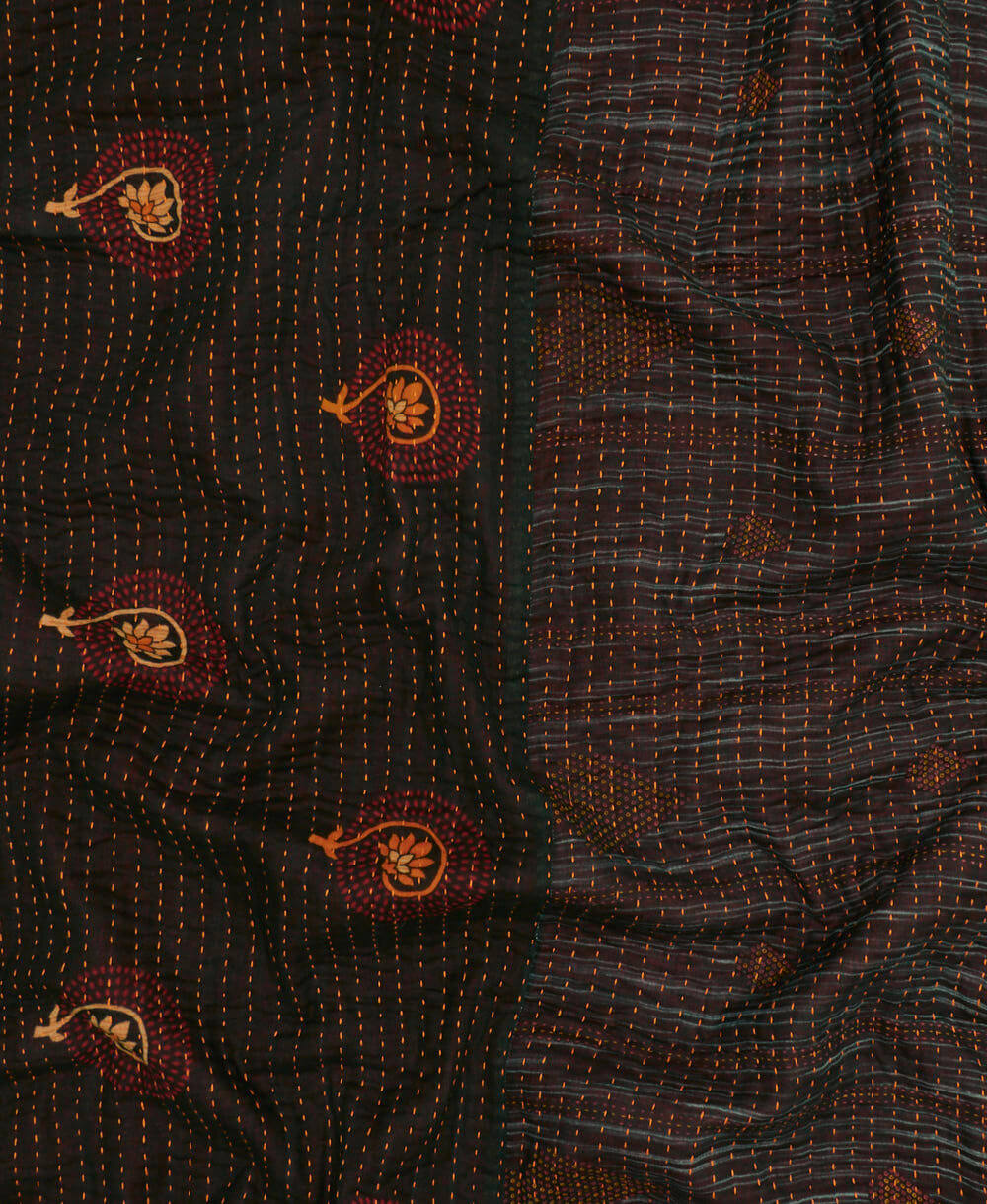 Kantha quilt throw featuring deep eggplant abstract print & orange kantha hand stitching