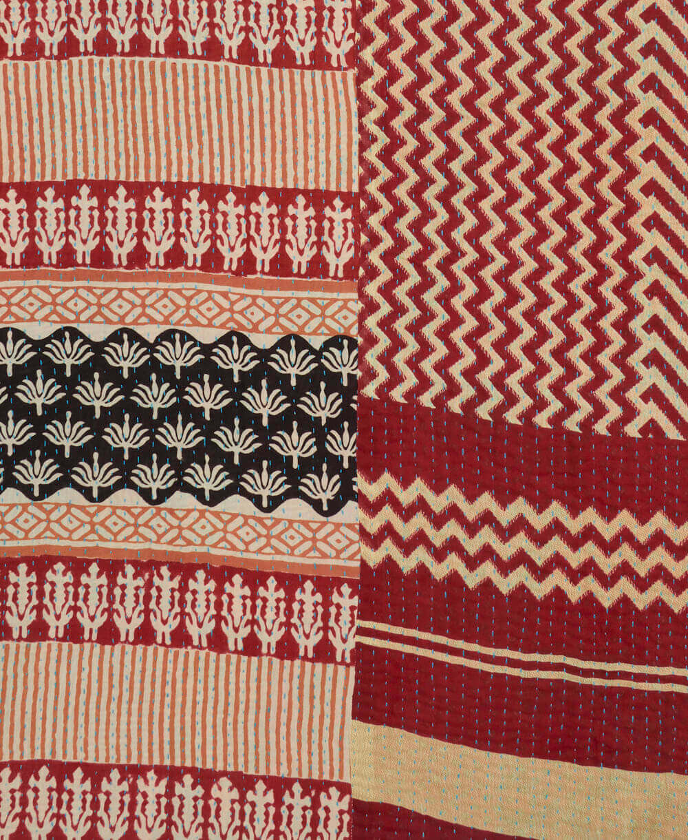 red & white chevron Kantha quilt throw made of recycled vintage saris in India by all women artisans