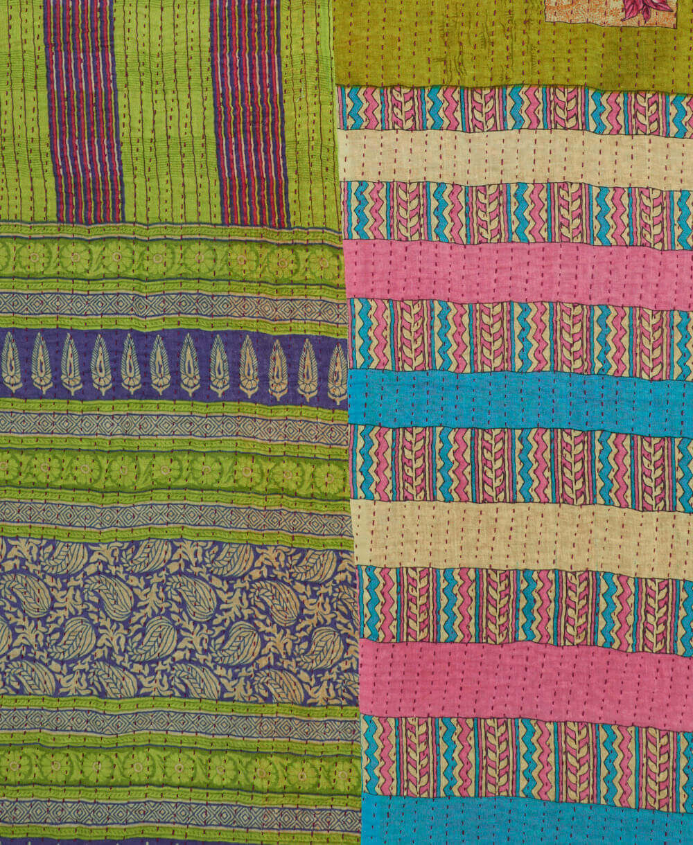 lime & purple stripe Kantha quilt throw made of recycled vintage saris in India by all women artisans