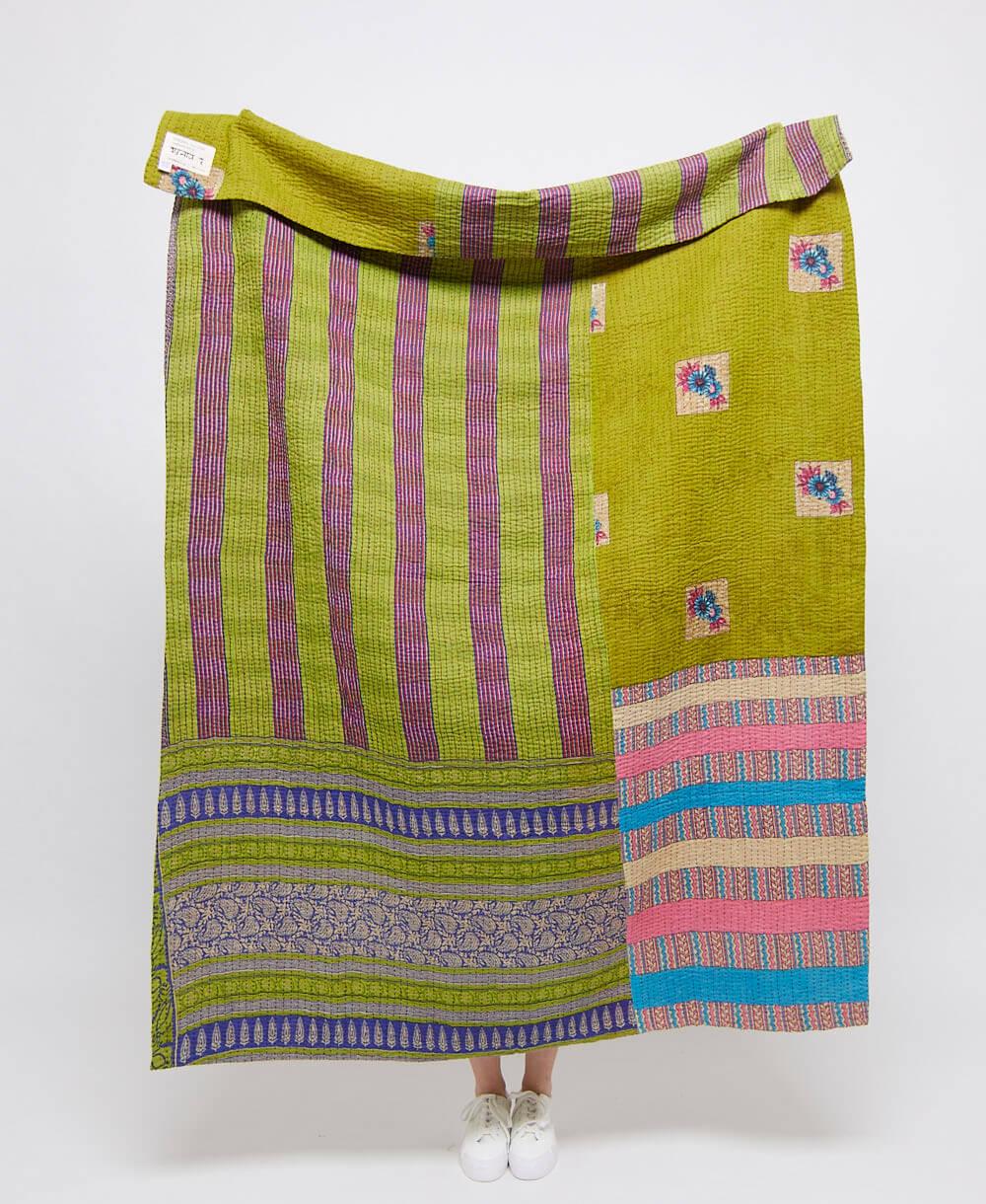 Artisan made lime & purple stripe kantha quilt throw  