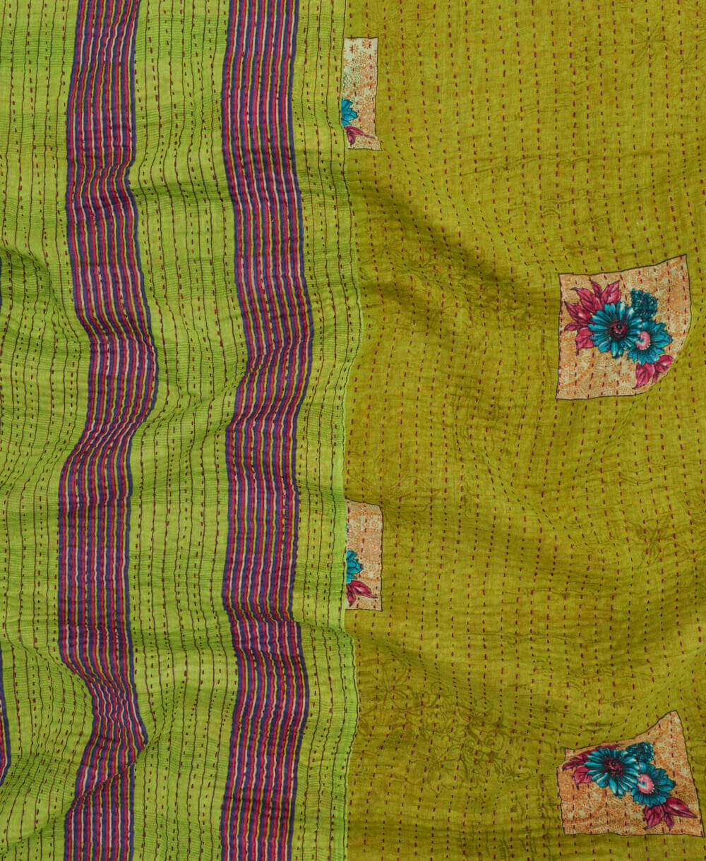 Kantha quilt throw featuring lime & purple stripe print & purple kantha hand stitching