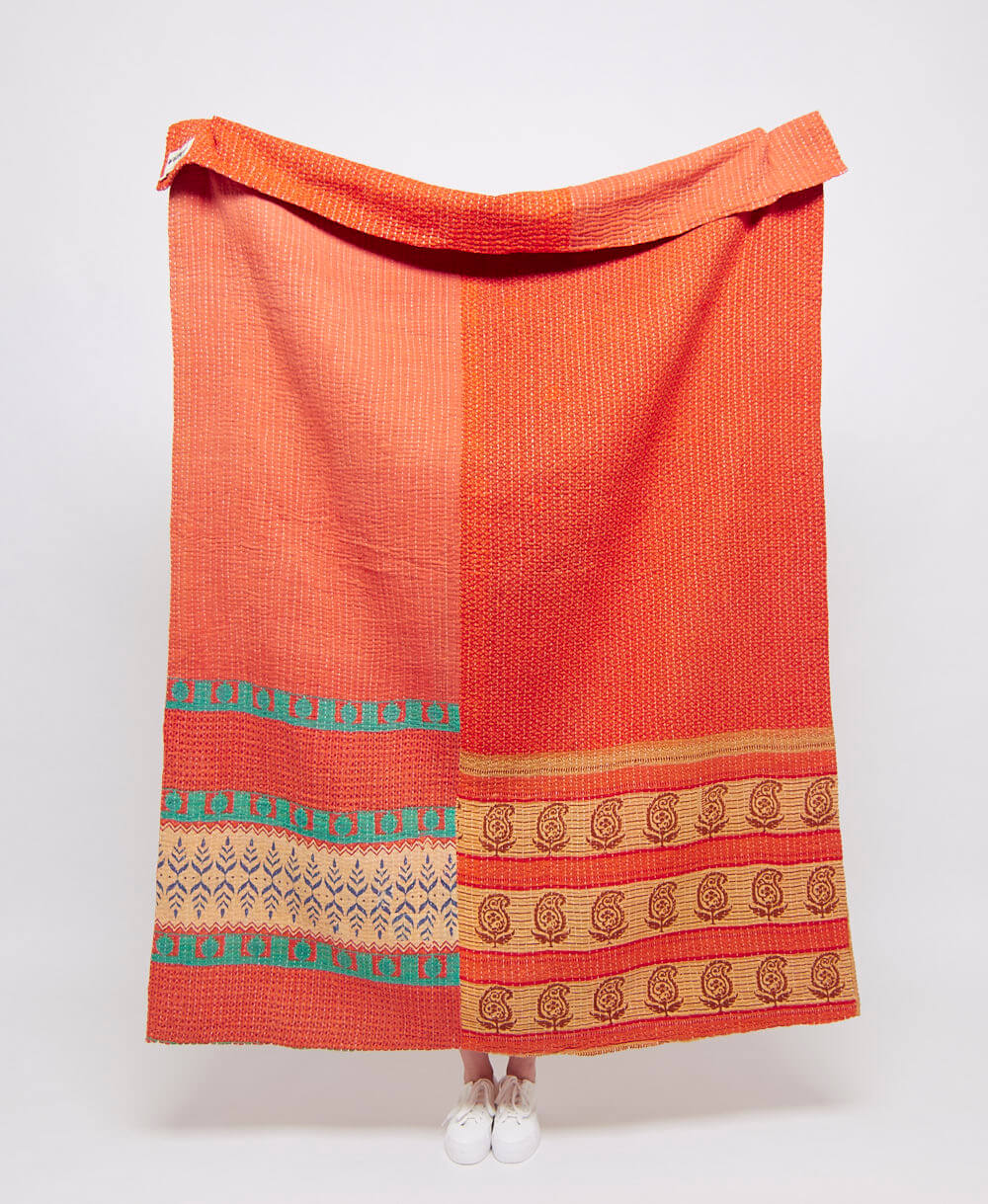 Artisan made two-tone coral kantha quilt throw  