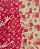 Kantha quilt throw featuring red & grey abstract print & purple kantha hand stitching