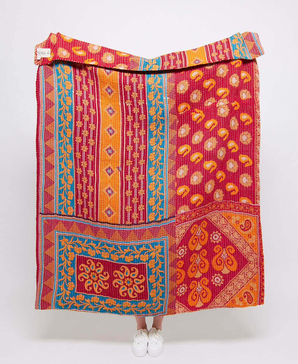 Artisan made red, orange & blue stripe kantha quilt throw  