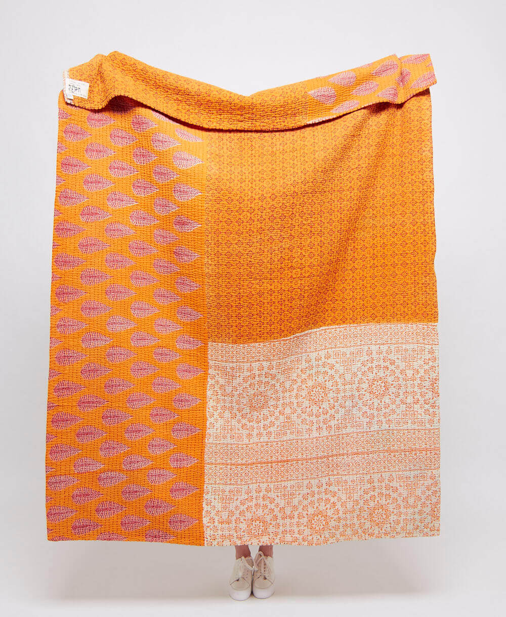 Artisan made orange & red leaf kantha quilt throw  