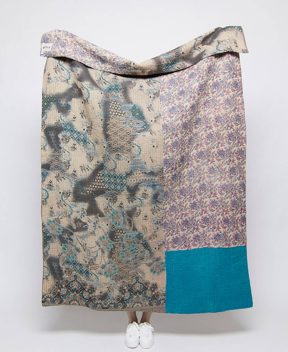 artisan made stormy blue floral abstract kantha quilt throw  