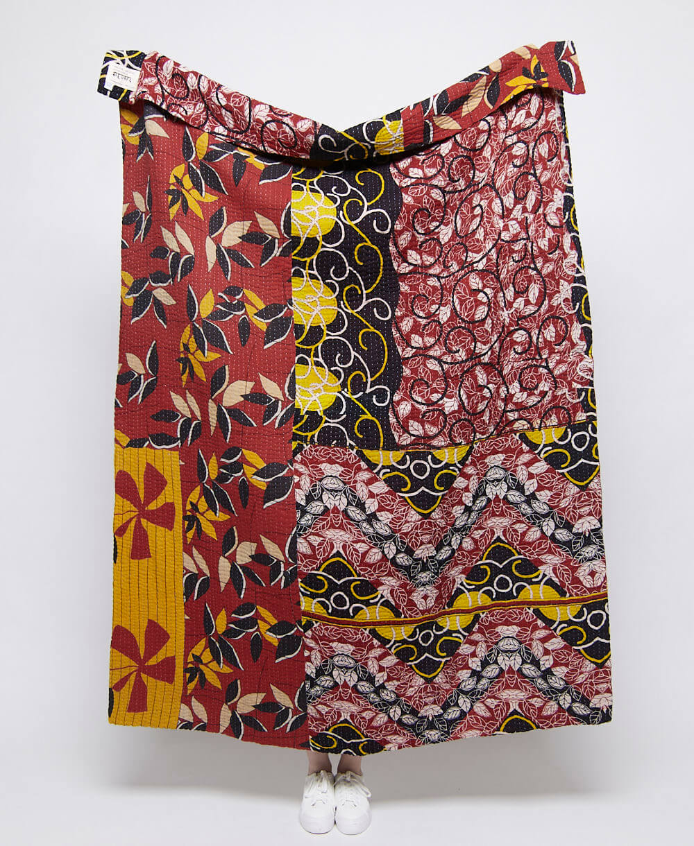 artisan made maroon, black & yellow abstract kantha quilt throw  