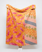 artisan made bright orange & hot pink feather kantha quilt throw  