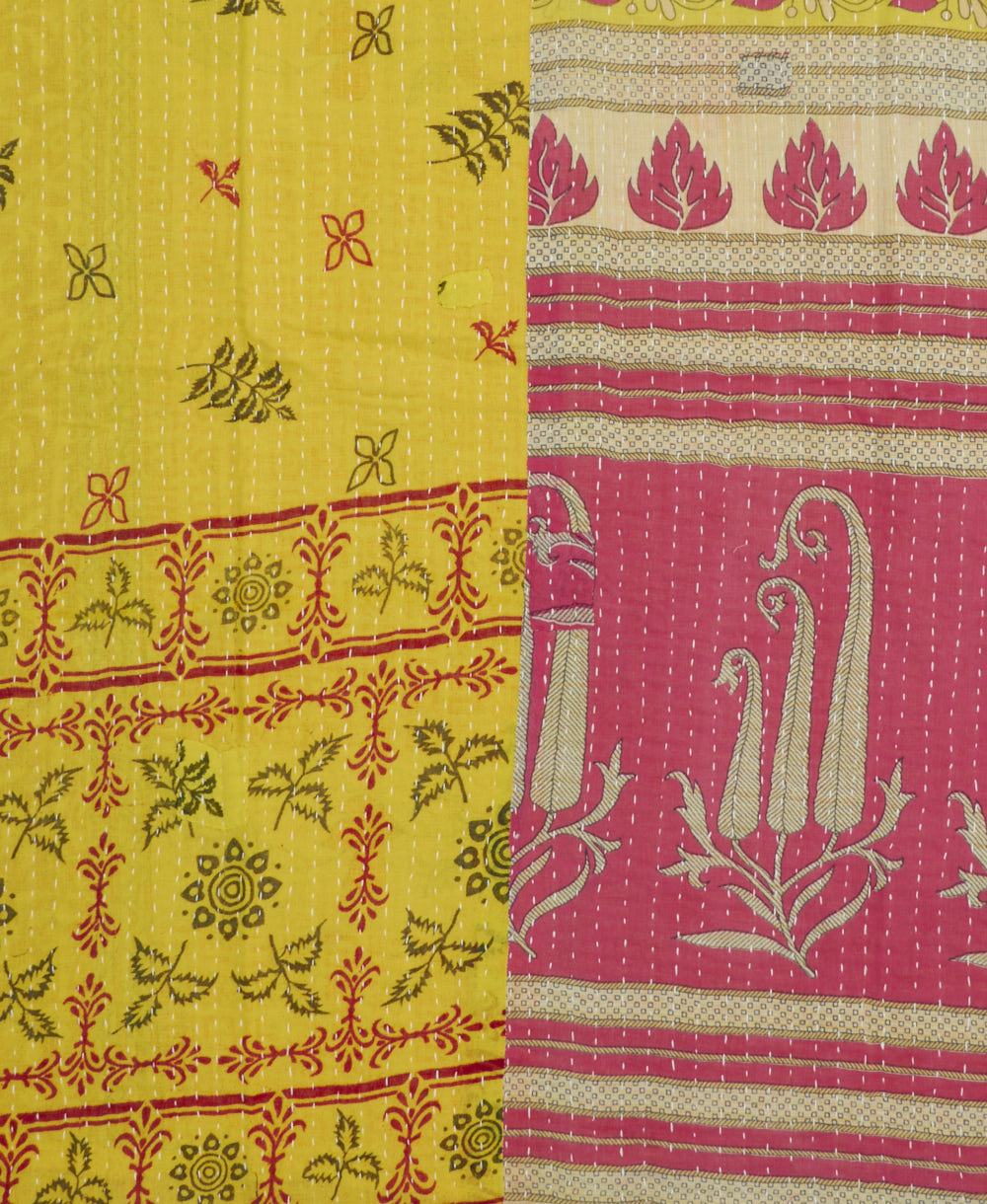 Kantha quilt throw featuring white traditional kantha hand stitching in bright yellow & bubblegum pink