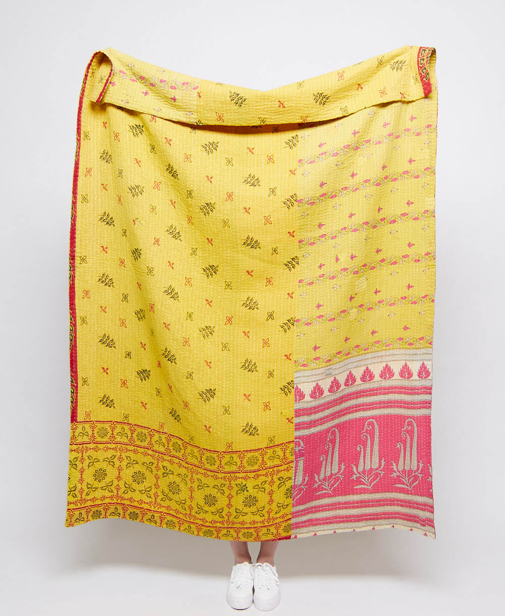 artisan made bright yellow & bubblegum pink kantha quilt throw  