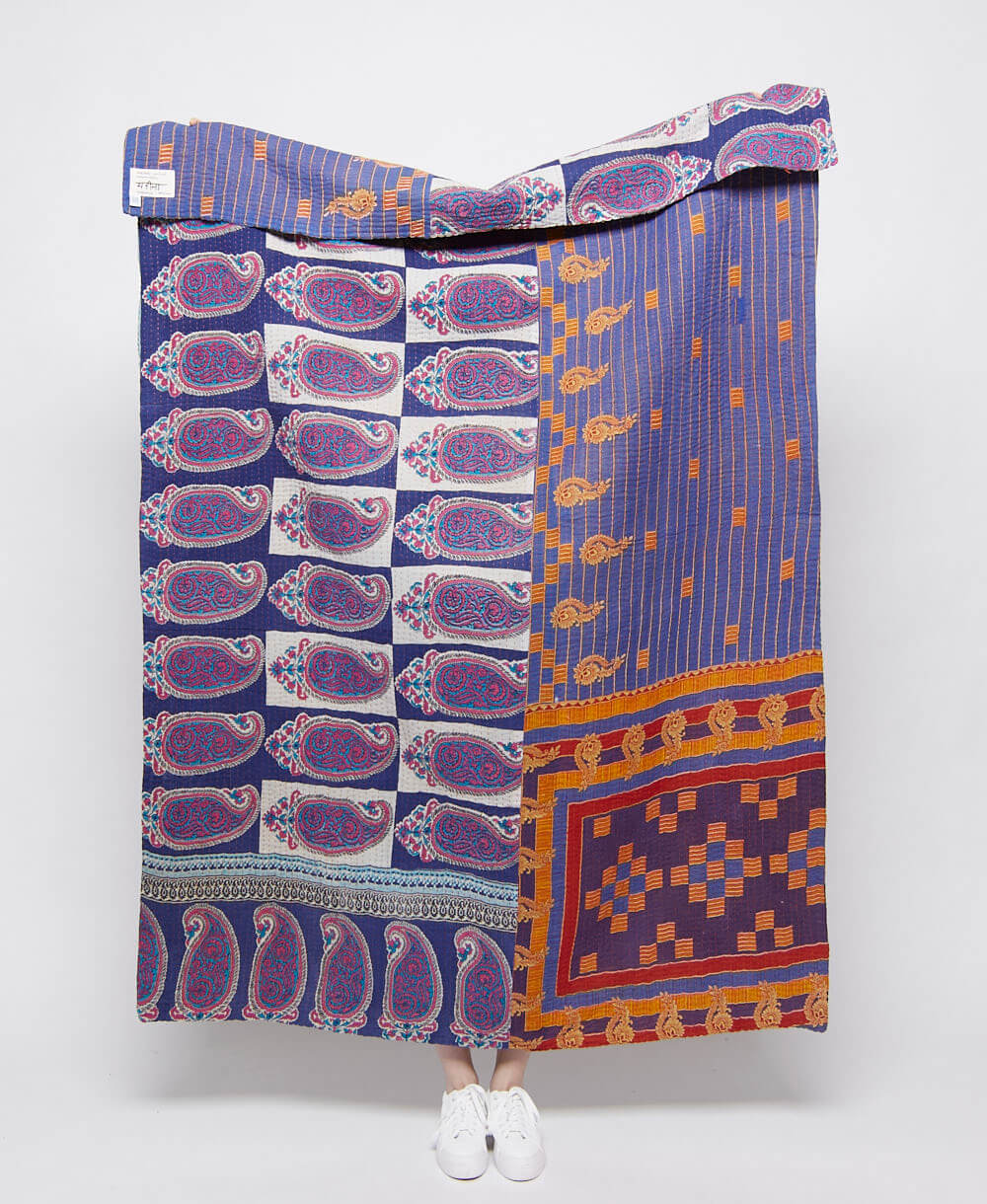 artisan made purple & pink oversized paisley kantha quilt throw  