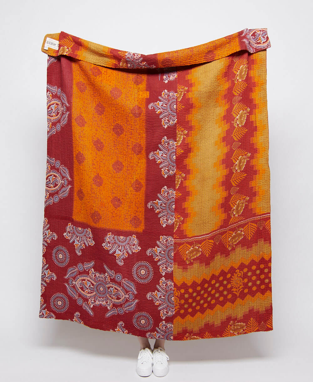 artisan made sunset orange leaf printed kantha quilt throw  