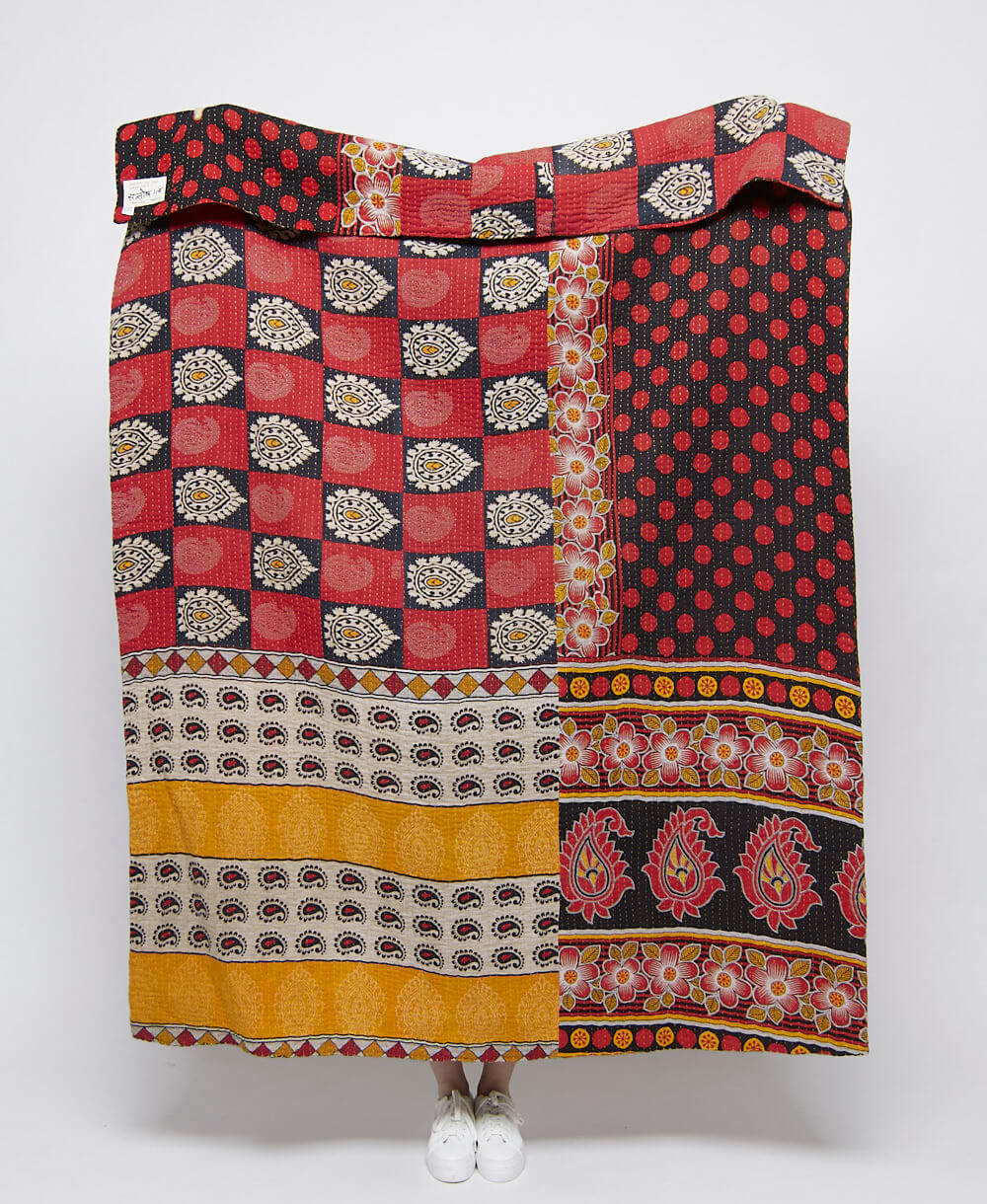 artisan made red and black checkered kantha quilt throw  