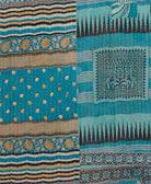 sky blue, tan & white polka dot Kantha quilt throw made of recycled vintage saris