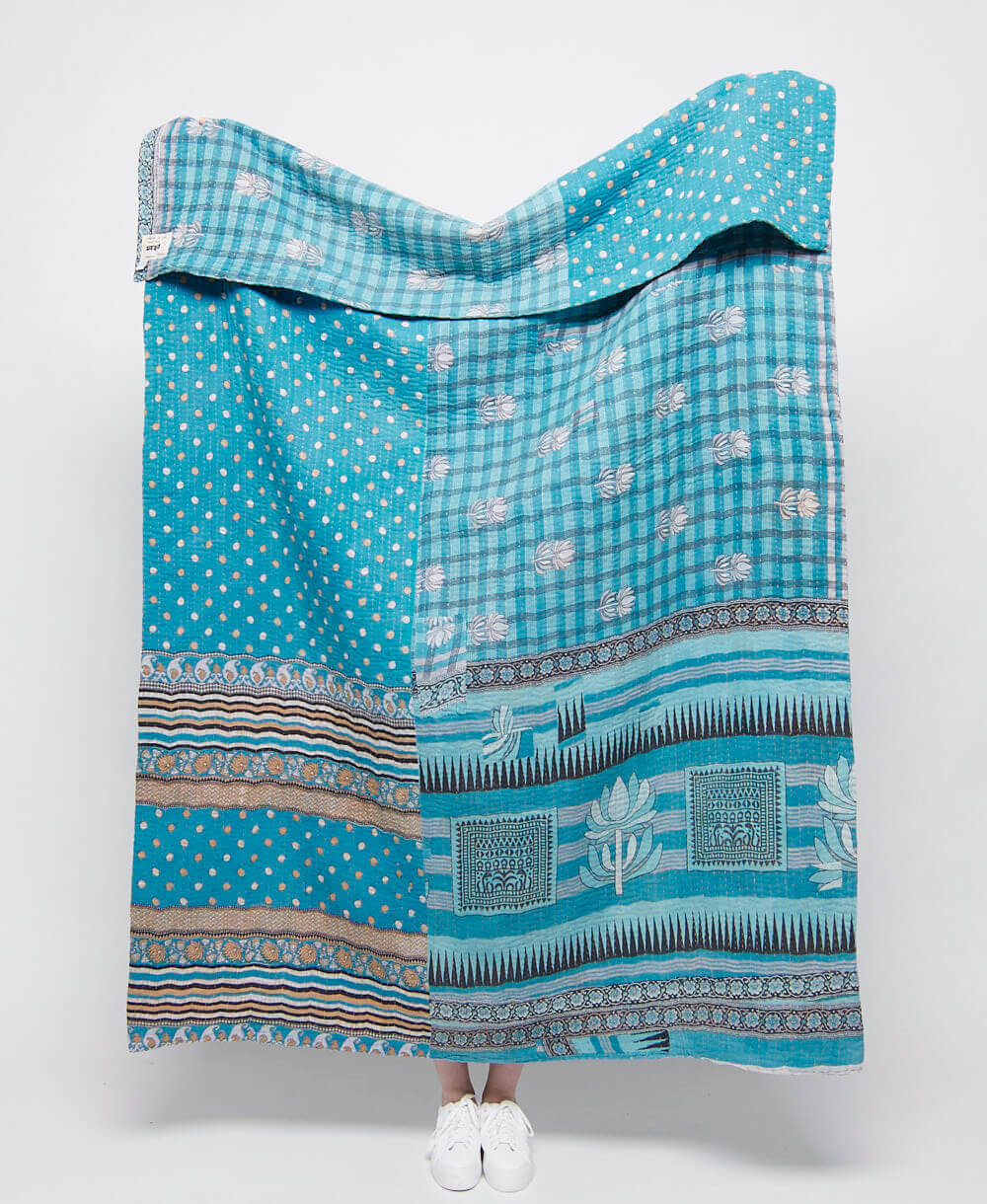 artisan made sky blue & white polka dot kantha quilt throw  