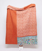 artisan made persimmon orange & white floral kantha quilt throw  