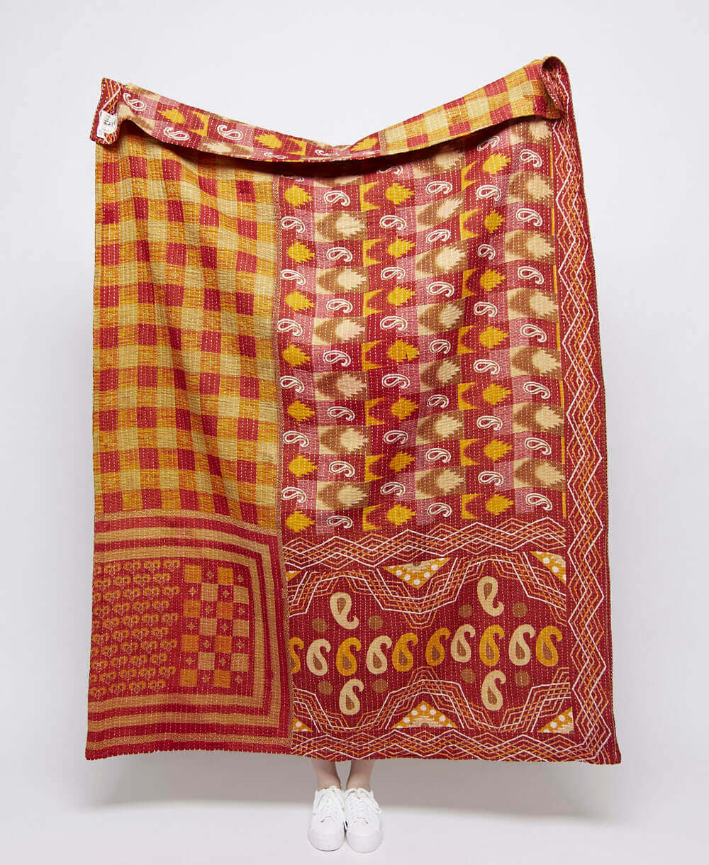 artisan made crimson & tan gingham kantha quilt throw  